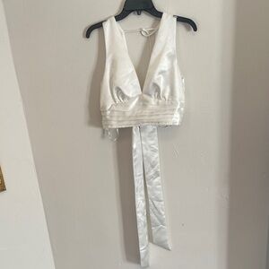 Forever 21 White Satin V-Neck Halter Top with Waist Ties
